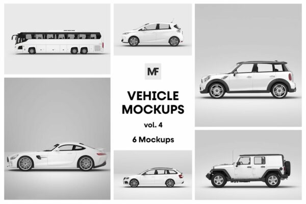 6款极简小汽车越野车轿车跑车大型客车巴士运输车PSD样机Vehicle Mockups vol.4