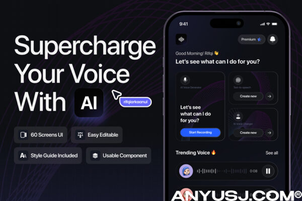 现代极简AI人工智能语音技术手机APP移动应用小程序页面布局组件UI设计套件Voice AI – Voice AI UI Kit