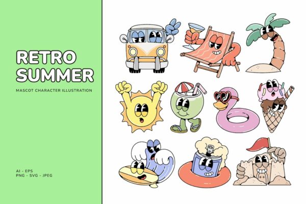 复古趣味夏季夏天度假旅游旅行卡通人物logo徽标插画插图矢量图形设计套装Retro Summer Character Illustration