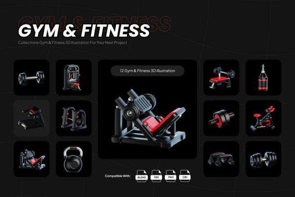 12款3D立体健身运动健身房器械哑铃跑步机壶铃PNG免扣插画插图Icon图标Blender模型设计套装Gym And Fitness 3D Icon