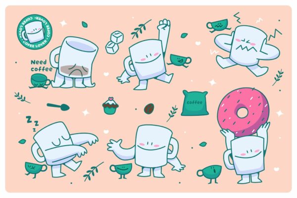 趣味卡通可爱咖啡杯拟人插画插图AI矢量图形贴纸设计素材Coffee Cup Character Illustration Pack