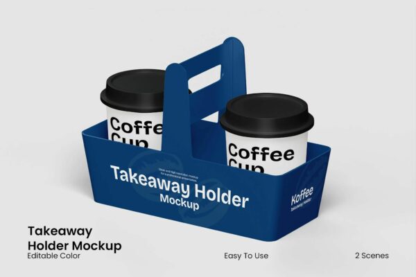 2款极简咖啡杯纸杯外卖配送打包架手提盒手提托盘手提包装设计展示PSD样机Takeaway Holder Mockup