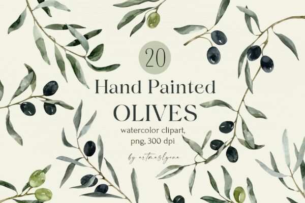 20款手绘橄榄枝绿色植物水彩插画插图PNG免扣元素套装Watercolor Olives Clipart, Greenery Illustrations