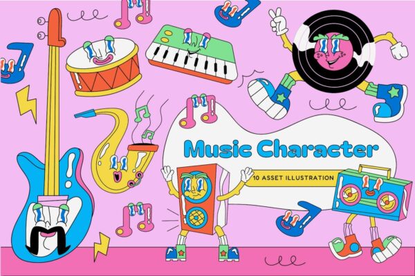 10款趣味复古卡通音乐节AI矢量插画插图设计套装Pink Cartoon Music Character Illustration Set