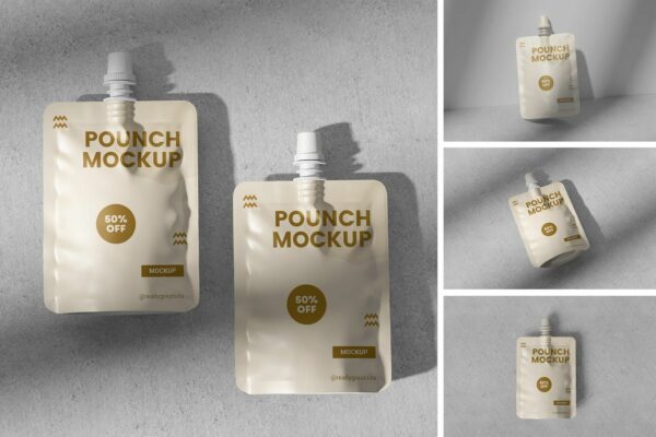 4款极简塑料袋装酸奶牛奶饮料食品自封袋包装袋PSD样机Pouch Yogurt Milk Mockup