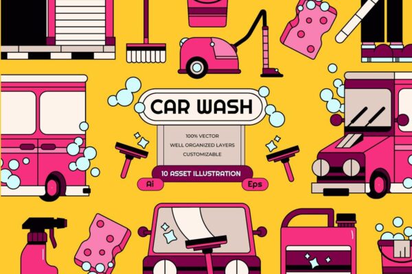 10款趣味卡通洗车主题AI矢量插画插图图形设计套装Yellow Car Wash Illustration Set
