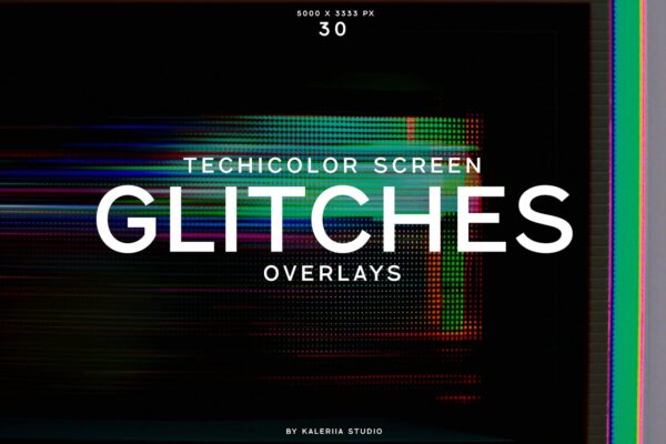 30款复古科技未来屏幕显示器故障扭曲背景叠加肌理纹理图片设计套装30 Technicolor Screen Glitches Overlays