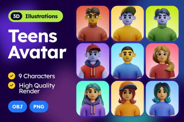 9款3D立体青少年人物头像半身像PNG免扣插画插图OBJ模型设计套装Teens Avatar 3D Illustrations