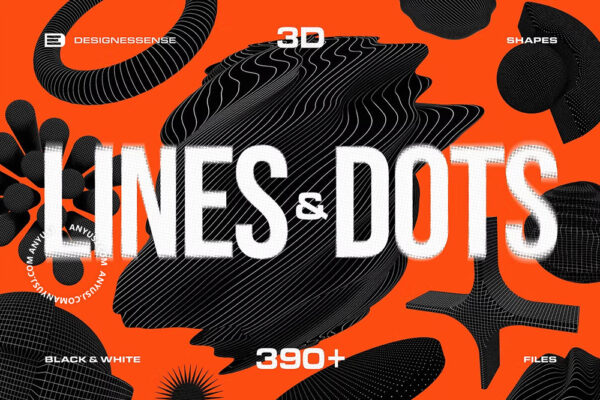 390+3D抽象艺术线条圆点方格几何图形PNG免扣插画插图设计套装390+ Lines & Dots 3D Shapes-第7304期-