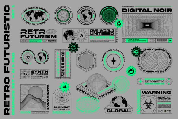 25款复古赛博未来主义科技前卫logo徽标徽章AI矢量图形设计套装Retro Futuristic Graphics Set 1