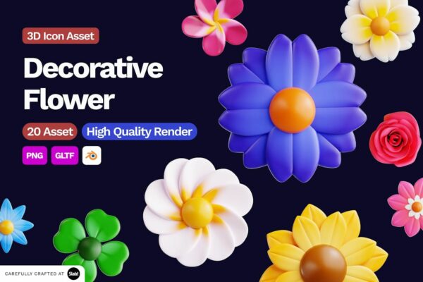 20款3D花朵花卉PNG免扣插画插图icon图标Blender模型3D Decorative Flower Icon