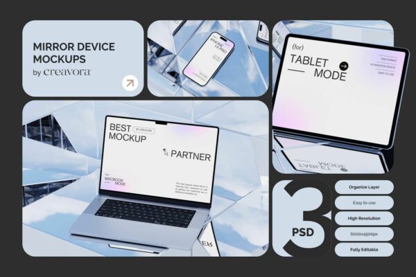 3款创意天空之镜Macbook笔记本电脑IPhone手机IPad平板屏幕UI设计展示PSD样机Sky Mirror Device Mockups-第7344期-
