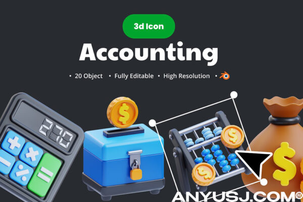20款3D立体银行金融财会计算储蓄分析icon图标PNG插画插图Blender模型设计套装Accounting 3d Illustrations