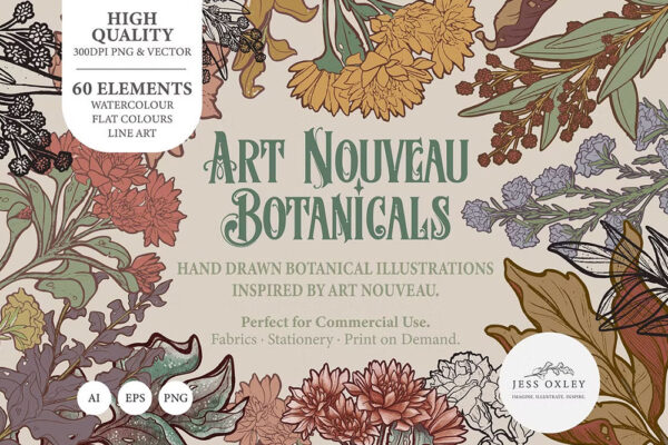 60款复古新艺术植物花朵花卉AI矢量插画插图图案印花PNG免扣图片拼贴设计套装Art Nouveau Botanicals Clipart Set