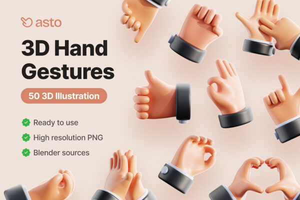 50款3D趣味卡通手势符号PNG插画插图icon图标Blender模型设计套装Asto – Hand Gestures 3D Icons