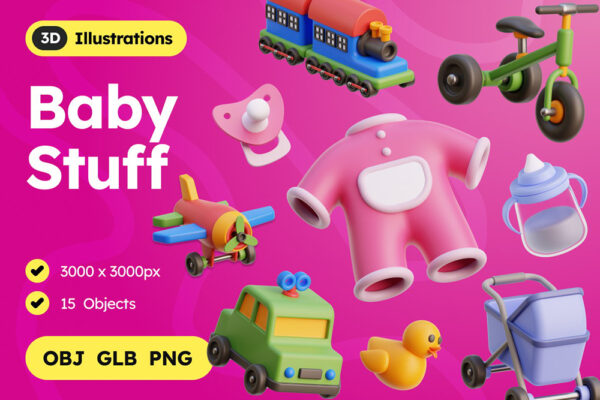 15款3D趣味可爱卡通婴儿用品服装玩具icon图标插画插图OBJ模型设计套装Baby Stuff 3D Icons-第7389期-