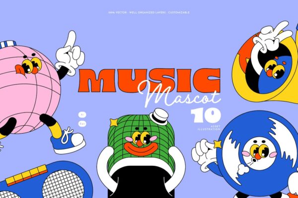 复古流行音乐趣味卡通拟人吉祥物拟人AI矢量插画插图设计套装Blue Retro Pop Music Mascot Asset Illustration