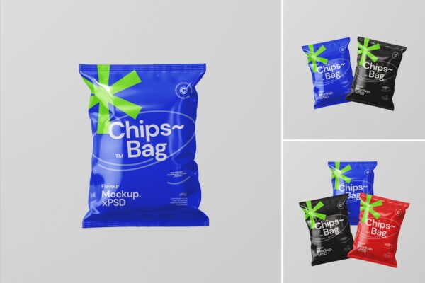 极简充气真空膨胀薯片膨化食品零食塑料包装袋PSD样机Chips Bag Mockup