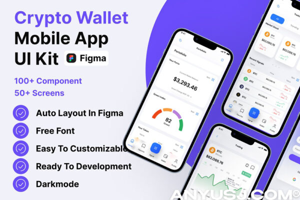 现代干净加密货币金融钱包交易银行APP移动应用手机页面布局UI设计套件Crypto Wallet | Crypto Monitoring Mobile App Ui Kit