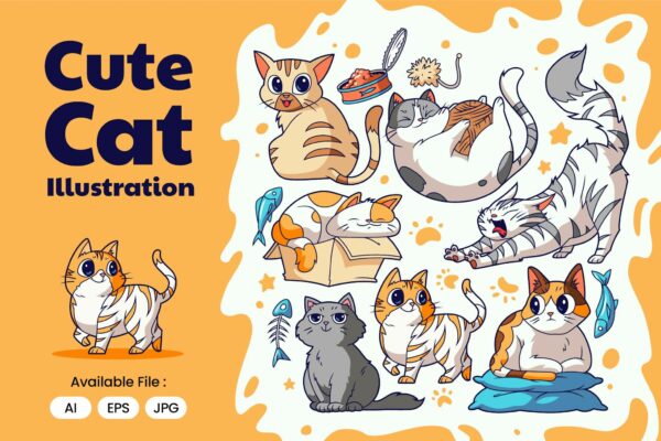 趣味卡通手绘可爱猫咪插画插图AI矢量图形设计套装Cute Cats Illustration