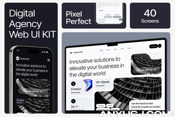 40+现代专业数字代理产品展示网站网页Web响应式布局APP移动应用UI设计套件Digipop – Digital Agency Web UI KIT-第7259期-