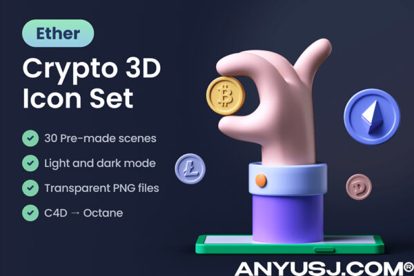 30款3D立体金融加密货币金币比特币PNG插画icon图标C4D模型设计套装Ether – Crypto 3D Icon Set