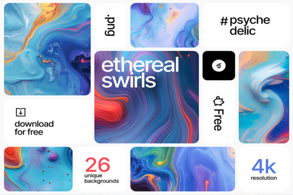 26款可商用4K高清抽象艺术丙烯颜料混合彩虹流体渐变壁纸肌理纹理背景图片设计套装Ethereal Swirls-第7250期-