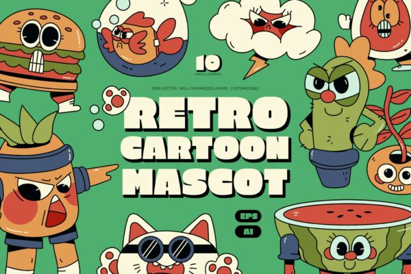 10款趣味卡通手绘吉祥物拟人人物AI矢量插画插图设计套装Green Retro Cartoon Mascot Asset Illustration