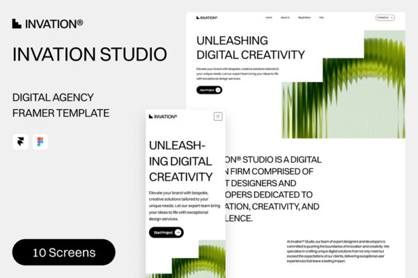 10款现代简洁Framer/Figma创意数字设计师自由职业者工作室作品展示web页面网站APP移动应用UI设计套件Invation – Digital Agency Framer Template-第7415期-