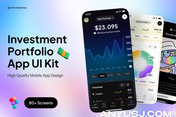 80+现代极简双色调投资金融管理APP移动应用程序页面布局UI设计套件Investment Portfolio App UI Kit