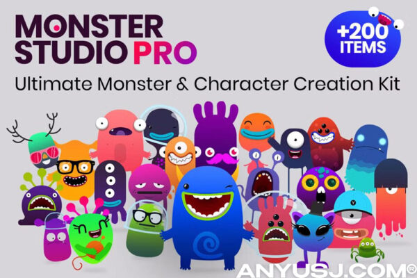 200+趣味可爱卡通怪物小动物角色创作包插画插图AI矢量源文件套装Monster Studio Pro-第7370期-
