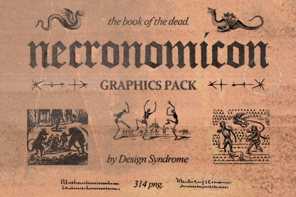310+复古中世纪神秘奥术书籍版画PNG免扣插画插图印花设计套装Necronomicon Graphics Pack-第7386期-