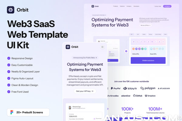 现代极简Web3/SaaS网站网页开发系统APP移动应用小程序页面布局UI设计套件Orbit – Web3 SaaS Web Template UI Kit