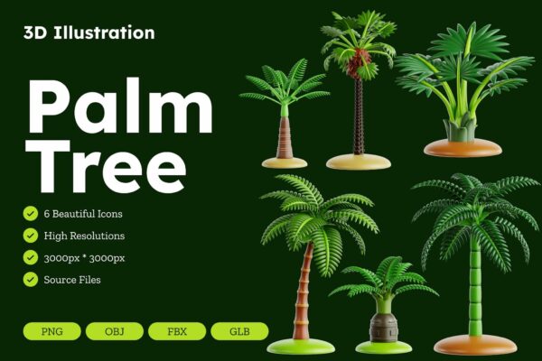 6款3D棕榈树热带植物树叶绿植PNG免扣插画插图Palm Tree 3D Icon Set V.1