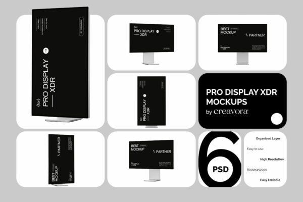 5款现代极简XDR显示器UI屏幕界面设计展示PSD样机Pro Display XDR Mockups