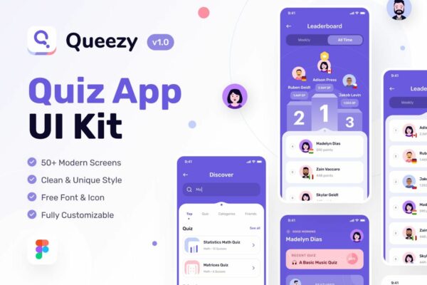 50+现代极简教育测验考试学校课程学习APP手机移动应用页面布局UI设计套件Queezy – Quiz & Trivia Games App UI Kit