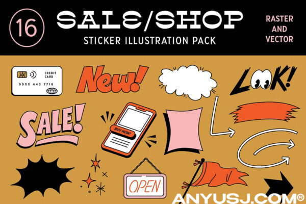 16款趣味复古商店促销卡通贴纸logo徽标AI矢量插画插图PNG免扣设计元素套装Sale Shop Sticker Illustration Pack-第7205期-