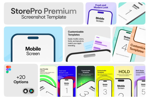 120+极简现代手机APP移动应用商店UI截图设计展示Figma模板套装StorePro Premium Screenshot Template-第7395期-