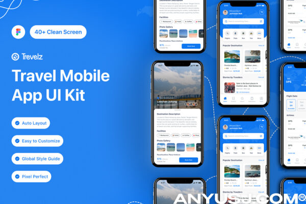 40+现代极简旅行旅游航班酒店预定计划制定移动APP应用页面布局组件UI设计套件Trevelz – Travel Mobile Apps UI KIT