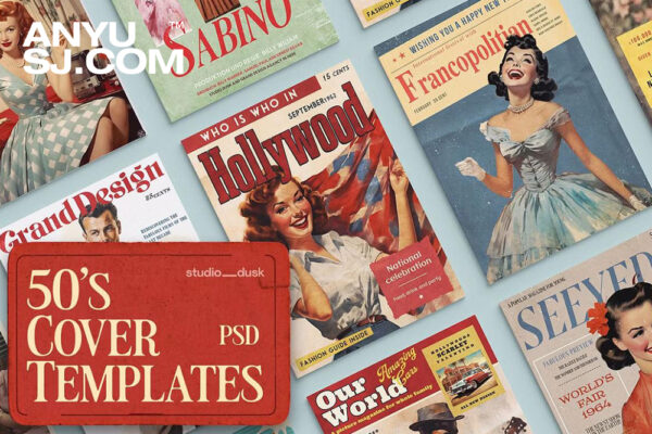 15款复古50年代时尚杂志期刊封面人物电影海报排版设计PSD模板套装Vintage Magazines-第7254期-