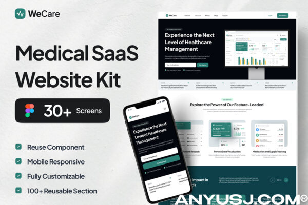 30+现代干净简约响应式医疗SaaS网站网页APP移动应用小程序UI设计套件WeCare – Medical SaaS Website UI Kit