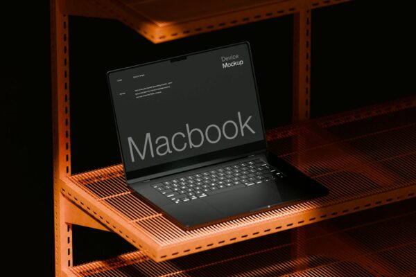 极简货架上的MacBook笔记本电脑UI屏幕界面设计展示PSD样机Macbook Mockup