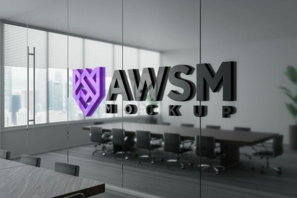 极简3D立体企业办公室内墙玻璃logo徽标设计展示PSD样机Interior Wall 3D Logo Mockup