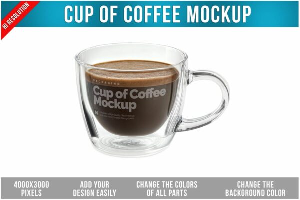 极简透明茶杯咖啡杯logo徽标印花设计展示PSD样机Cup of Coffee Mockup