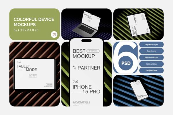 5款现代极简多彩艺术Phone手机笔记本电脑IPad平板UI屏幕界面设计展示PSD样机Colorful Device Mockups
