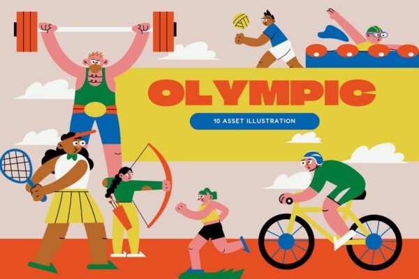 10款趣味手绘卡通运动会泳衣举重弓箭跑步人物插画插图AI矢量图形设计套装Cream Flat Design Olympic Illustration Set