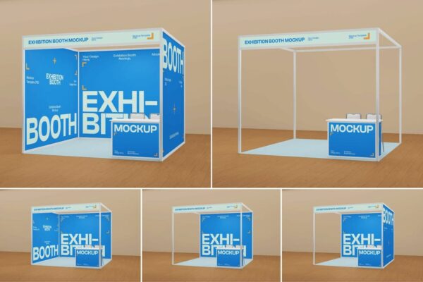 极简逼真3D立体展览博览会集市展位背景板前台咨询台PSD样机Exhibition & Trade Booth Mockup