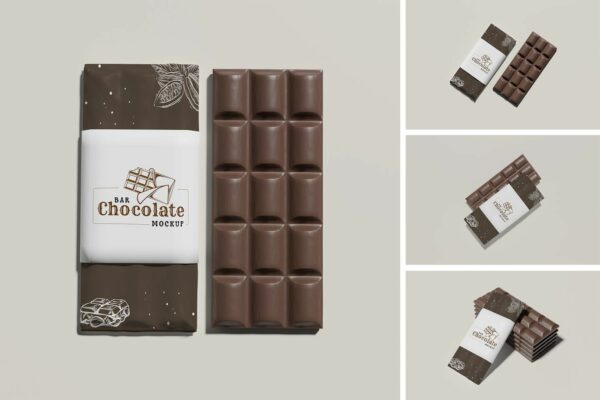 4款极简巧克力包装纸标签设计展示PSD样机Chocolate Bar Mockup