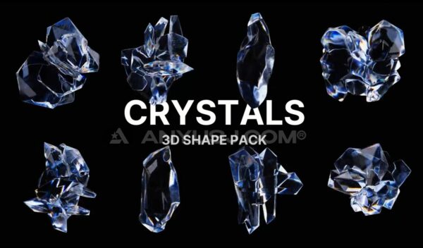 8款3D立体渲染动态能量水晶结晶矿石MOV视频素材Pack Of 8 Crystals 3D Shapes On Alpha Loop-第7362期-