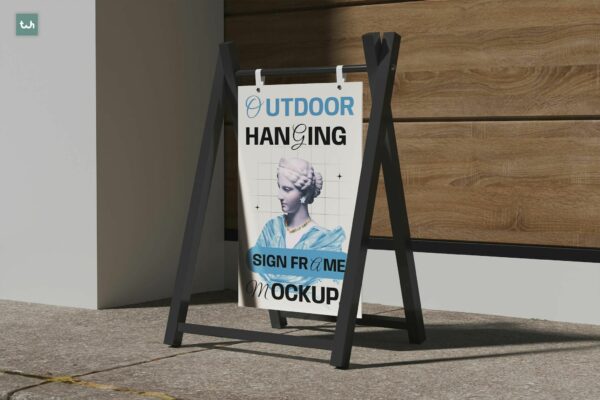 极简户外悬挂A型立牌标牌广告牌海报设计展示PSD样机Outdoor Hanging A-Frame Sign Board Mockup | 004